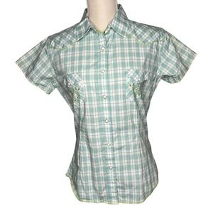 Rough Stock women's green blue white panhandle pearl snap shirt embroidered M